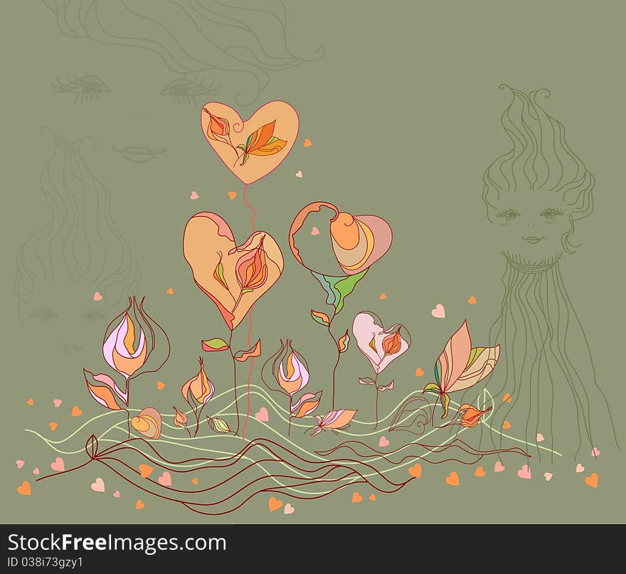 Valentine flower heart and love girl, vector.