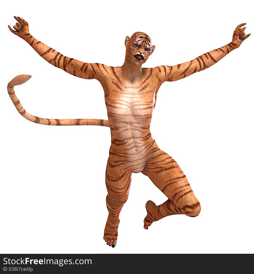 Female Fantasy Figure Tiger. 3D rendering with clipping path and shadow over white