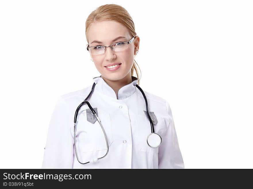 Young nurse with a stethoscope on a white background