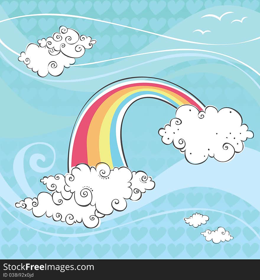 Vector illustration of clouds, birds and a rainbow on a blue windy stylized background with a heart pattern. Vector illustration of clouds, birds and a rainbow on a blue windy stylized background with a heart pattern.