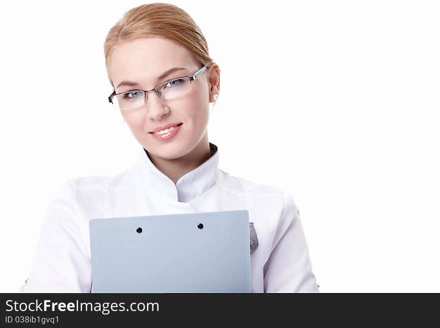 A young woman with a clipboard e on a white background. A young woman with a clipboard e on a white background