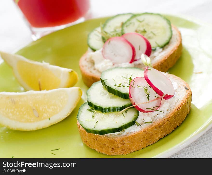 Healthy sandwiches with cucumber, radish and cottage cheese. Healthy sandwiches with cucumber, radish and cottage cheese