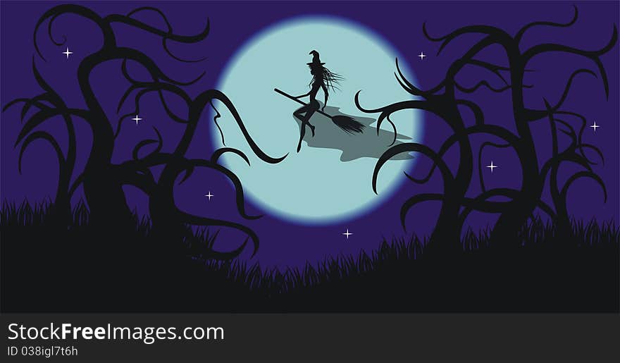 At night a witch flies on a broom. At night a witch flies on a broom