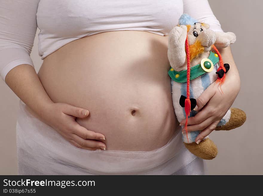 Pregnant mother holding baby plush toy