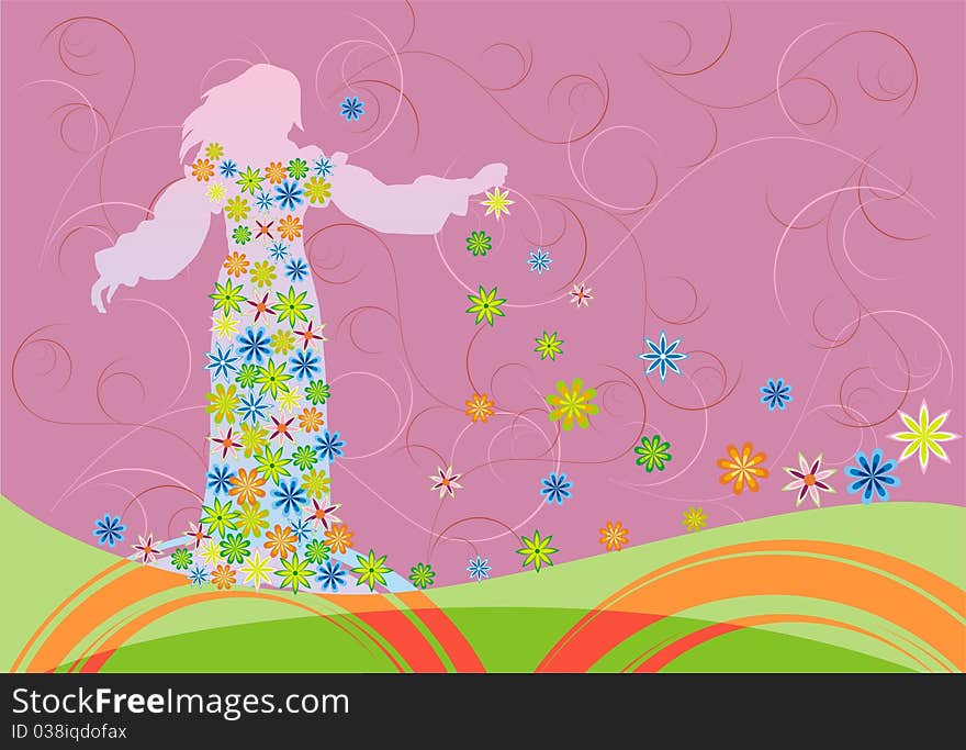 Abstract decor of	girl spring which scatters flowers on a pink background with swirls