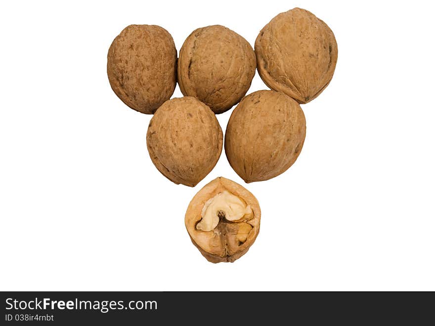 A Handful Of Walnuts Into Isolated White Backgroun