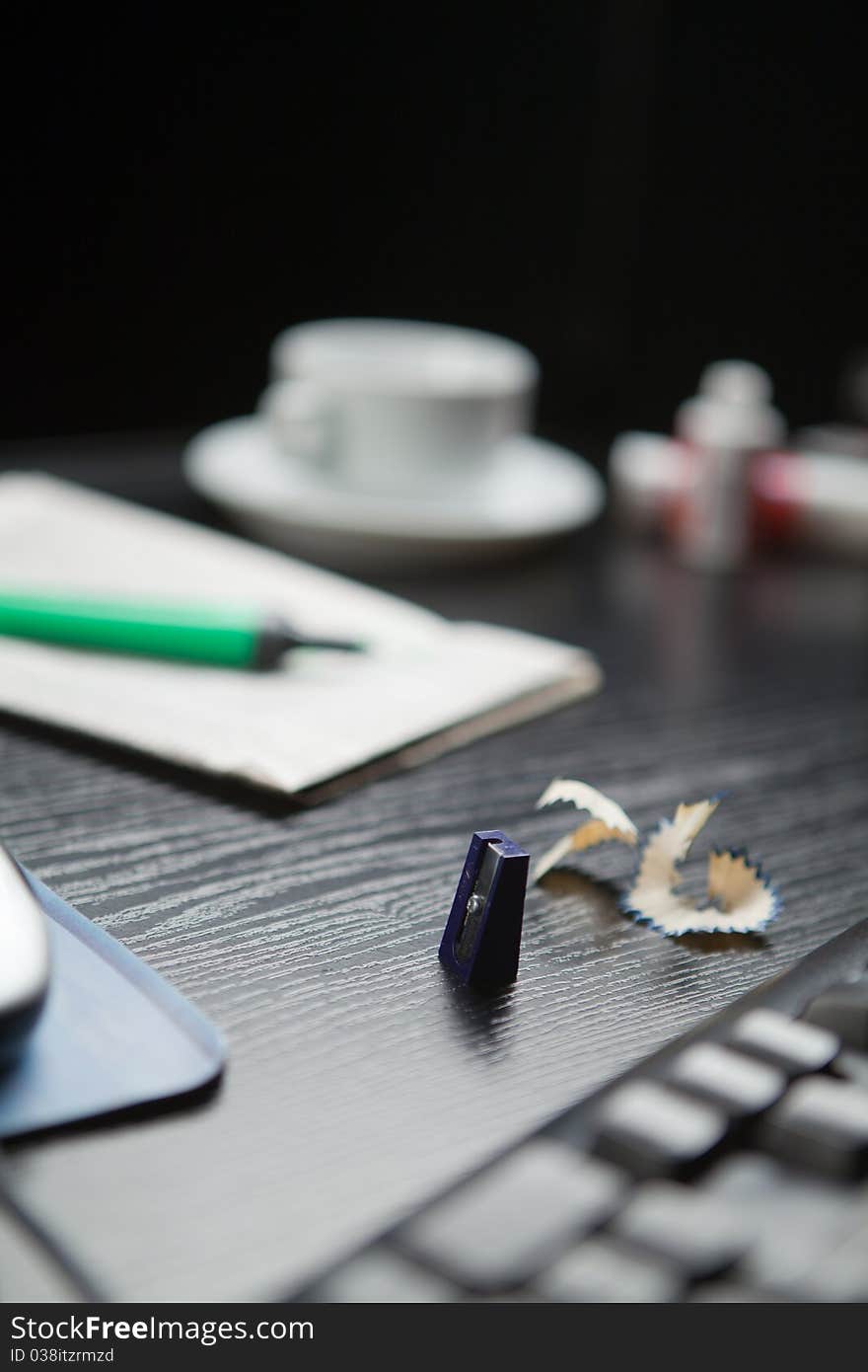 Close-up of glasses documents pen cup of coffee on the table. Close-up of glasses documents pen cup of coffee on the table