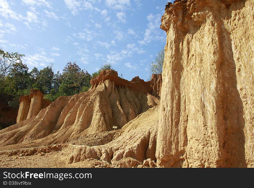 Rock formations place, Phae Muang Phi in the small cloud blue sky