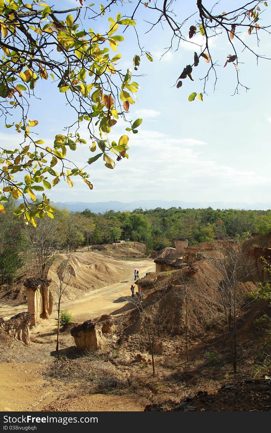 Rock formations place, Phae Muang Phi in the small cloud blue sky