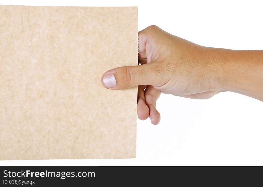 Hand taking blank cardboard over white background