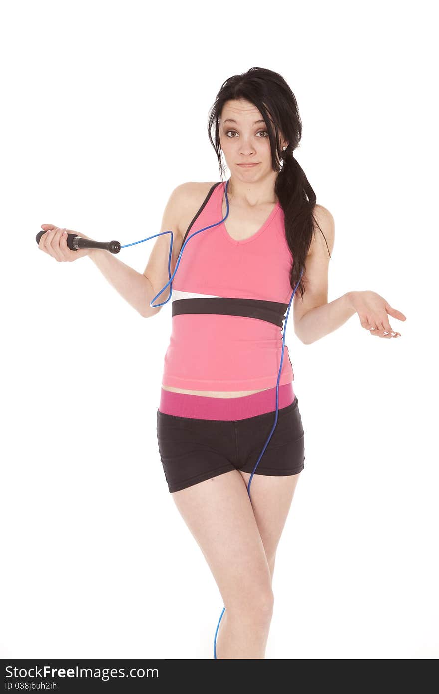 A woman with a jump rope around her neck. A woman with a jump rope around her neck.