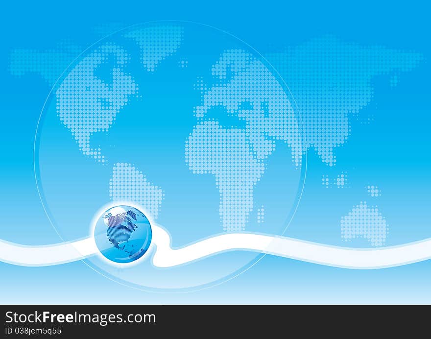 Vector blue abstract background with world map and globe. Vector blue abstract background with world map and globe.