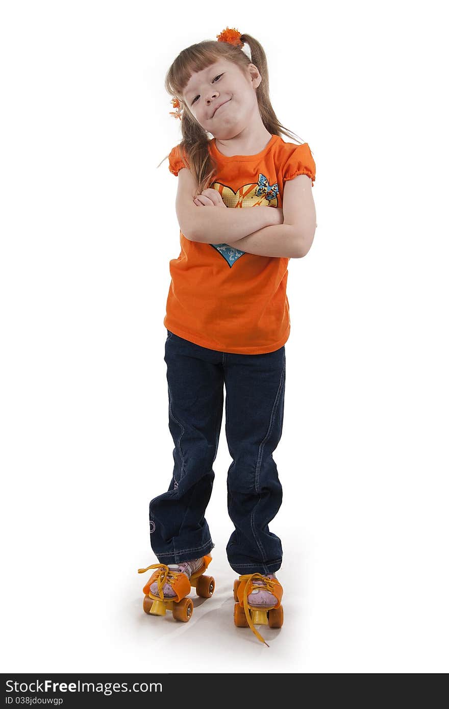 The little girl on roller skates. Isolated white