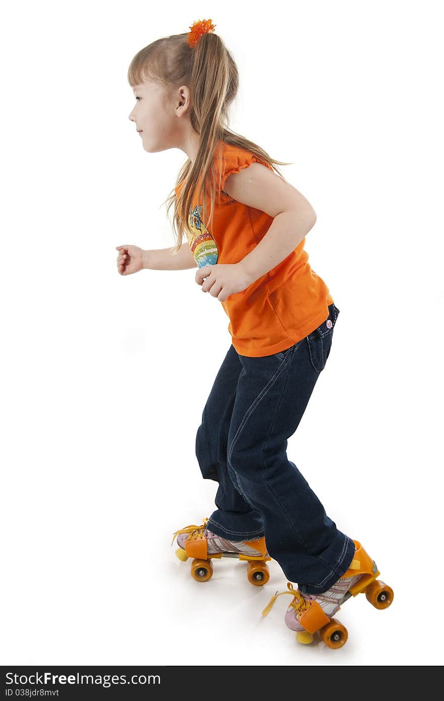 The little girl on roller skates. Isolated white