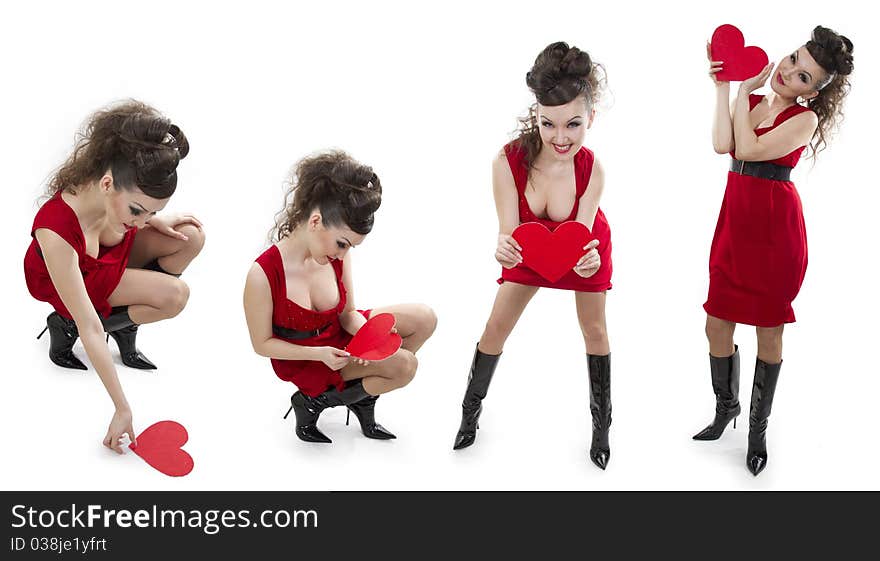 Young woman Asian in a red dress has control over the heart form. Young woman Asian in a red dress has control over the heart form