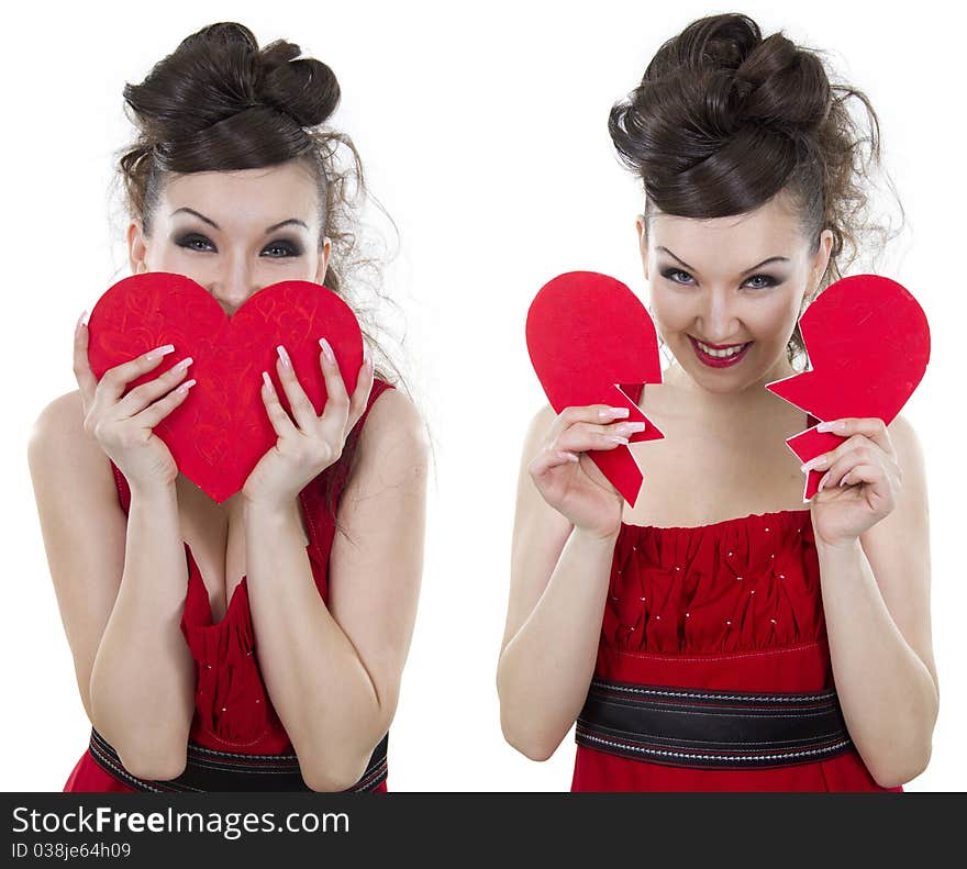 Young woman Asian in a red dress has control over the heart form. Young woman Asian in a red dress has control over the heart form