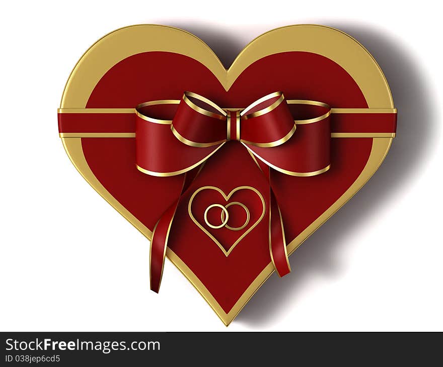 Gift of a heart with a red bow and gold border.