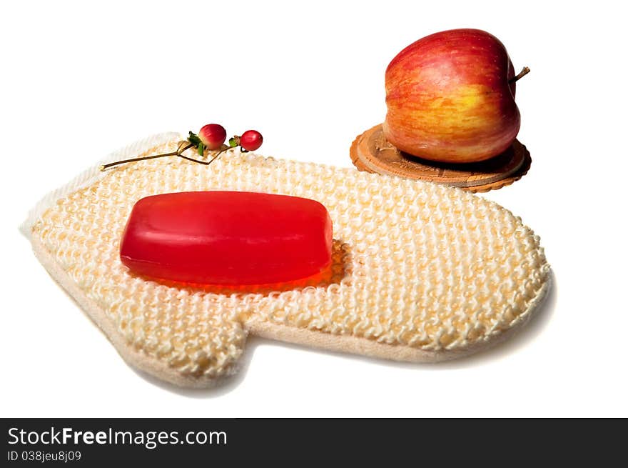 Soap and apple on the white isolated background. Soap and apple on the white isolated background