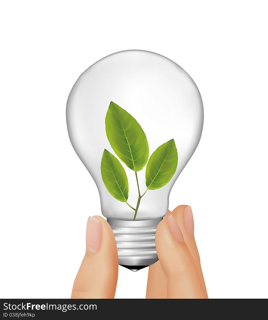 Plant inside light bulb in hand. Vector