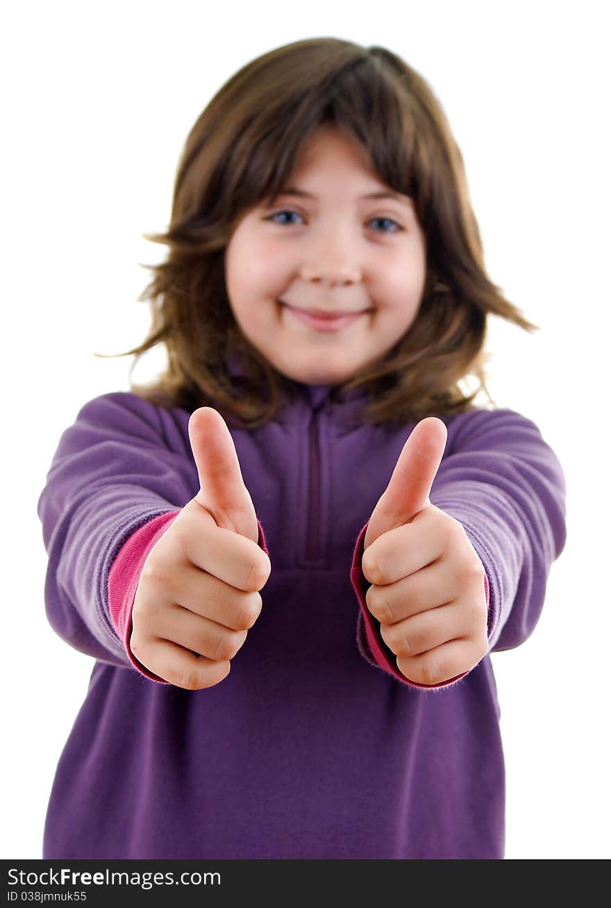 Little girl with thumb up on white background