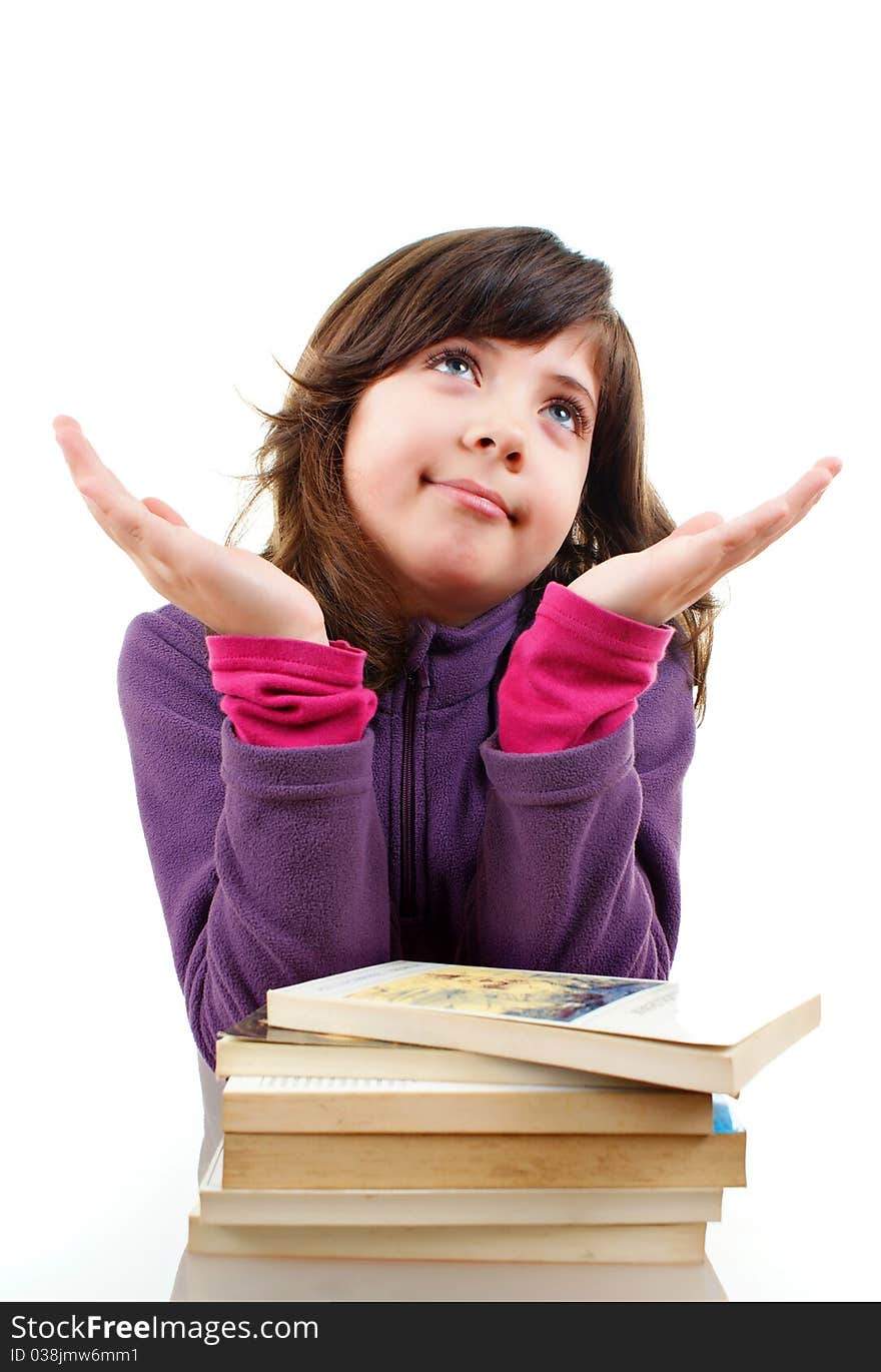 Cute little girl with big book, explaining something, isolated over white