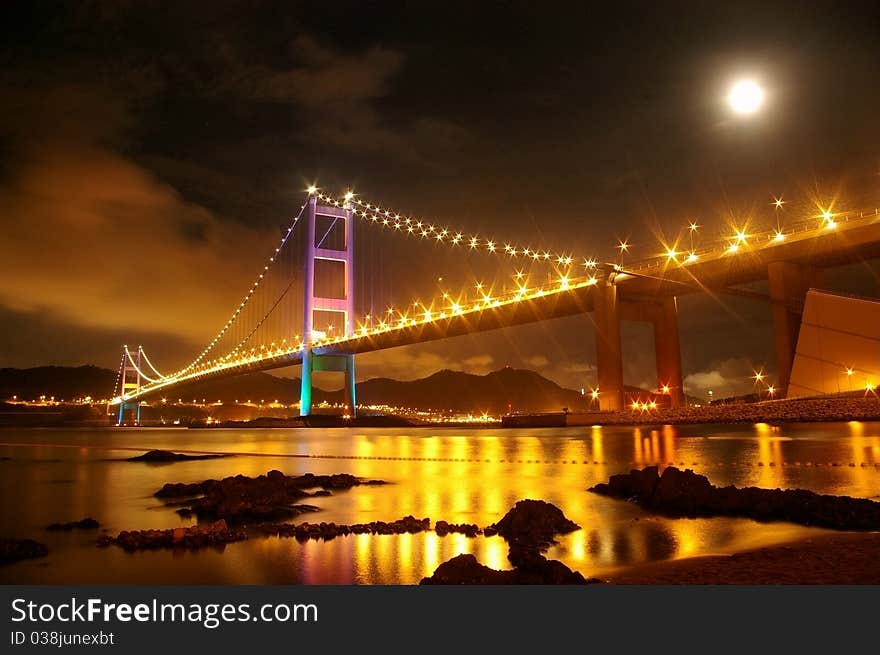 Tsing Ma Bridge in Hong Kong at night