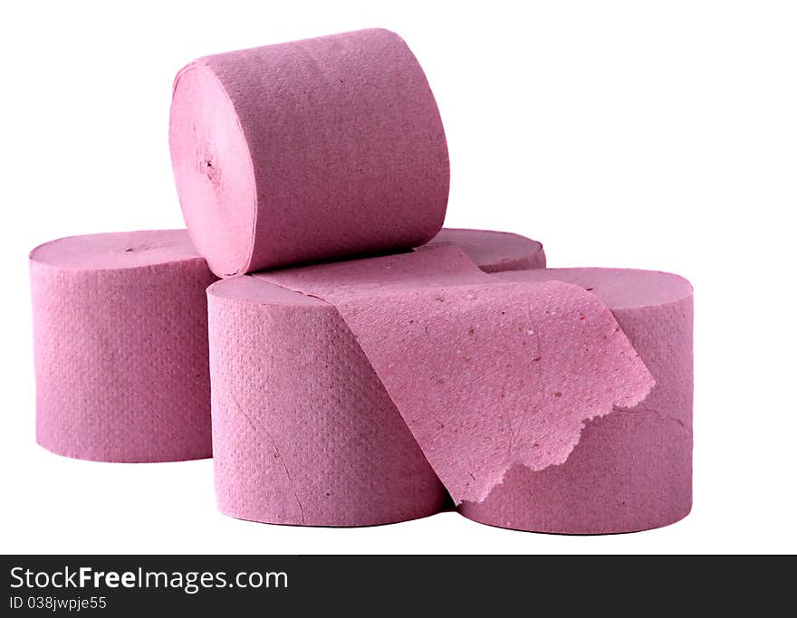 Stack of pink toilet rolls on a white background. Stack of pink toilet rolls on a white background