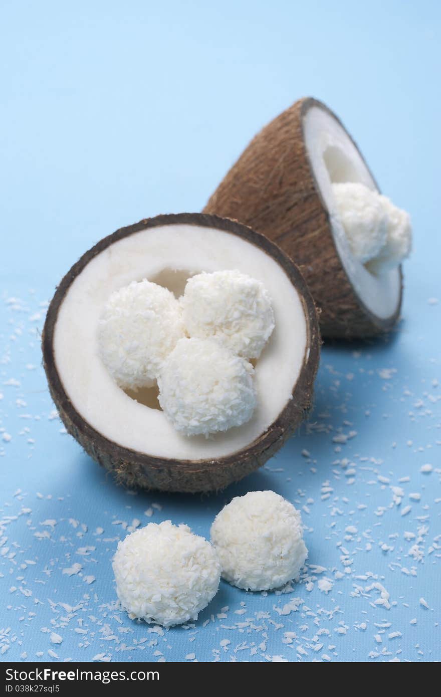 Homemade coconut sweets and fresh coconut. Homemade coconut sweets and fresh coconut