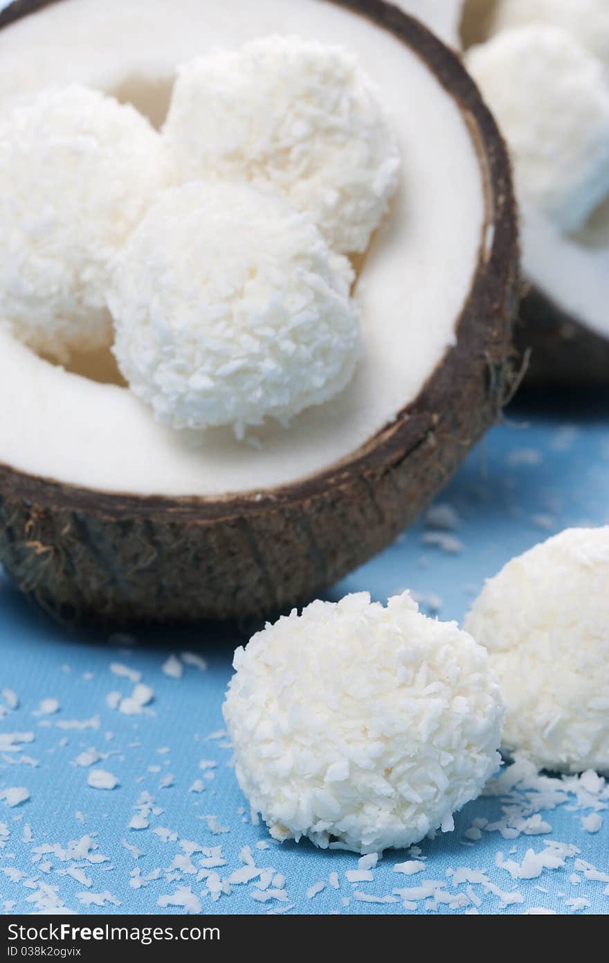 Homemade coconut sweets and fresh coconut. Homemade coconut sweets and fresh coconut