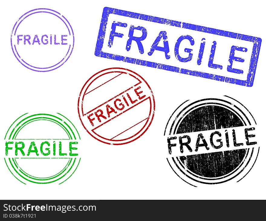 5 Grunge effect Office Stamp with the word FRAGILE in a grunge splattered text. (Letters have been uniquely designed and created by hand). 5 Grunge effect Office Stamp with the word FRAGILE in a grunge splattered text. (Letters have been uniquely designed and created by hand)