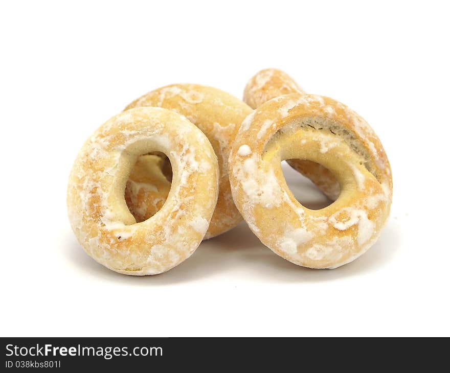 Ring bagels on a white background