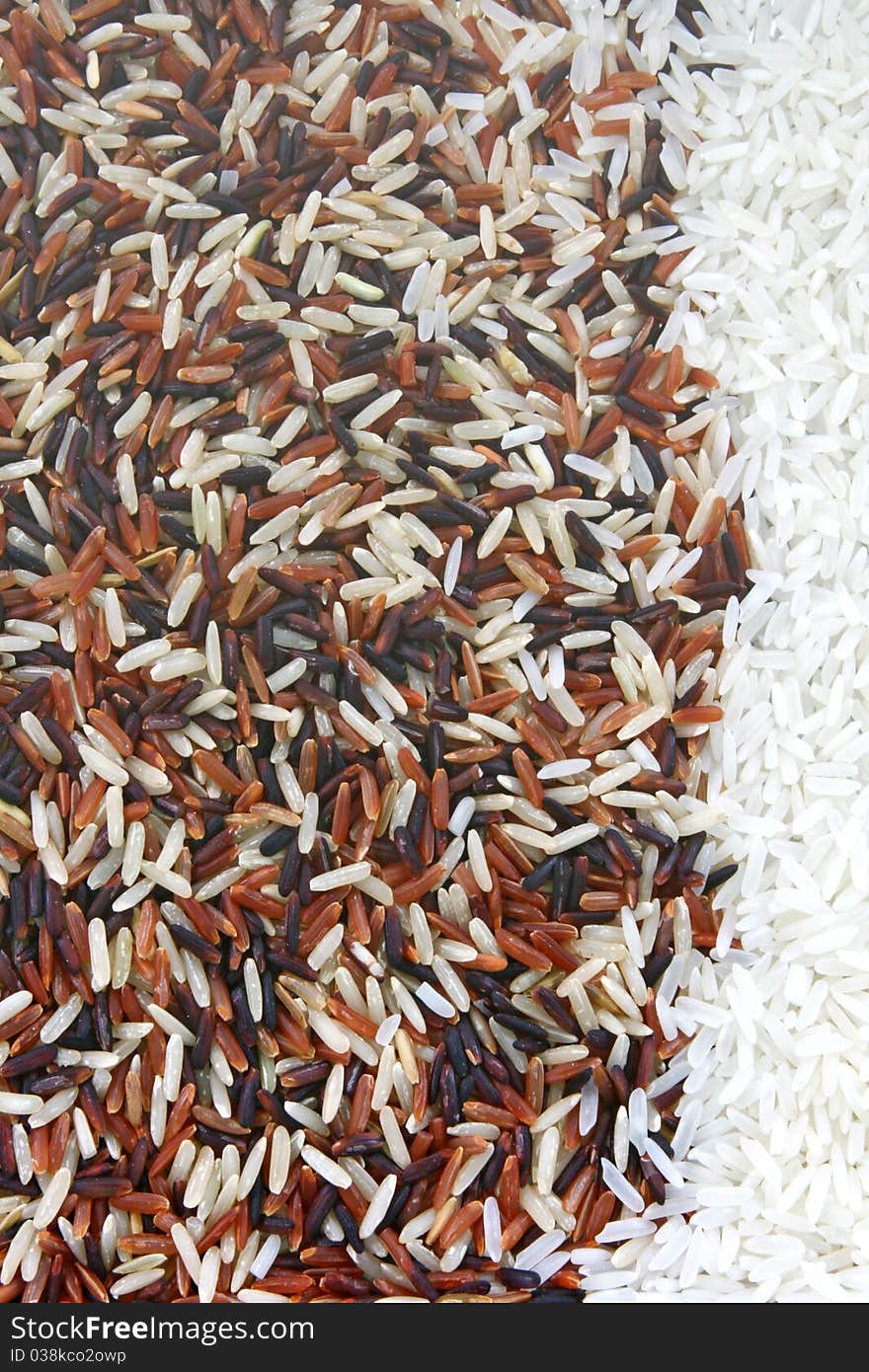 Thai Red Jasmine and Fragment magenta Organic rice dominate on White Jasmine rice, Background texture surface pattern. Thai Red Jasmine and Fragment magenta Organic rice dominate on White Jasmine rice, Background texture surface pattern