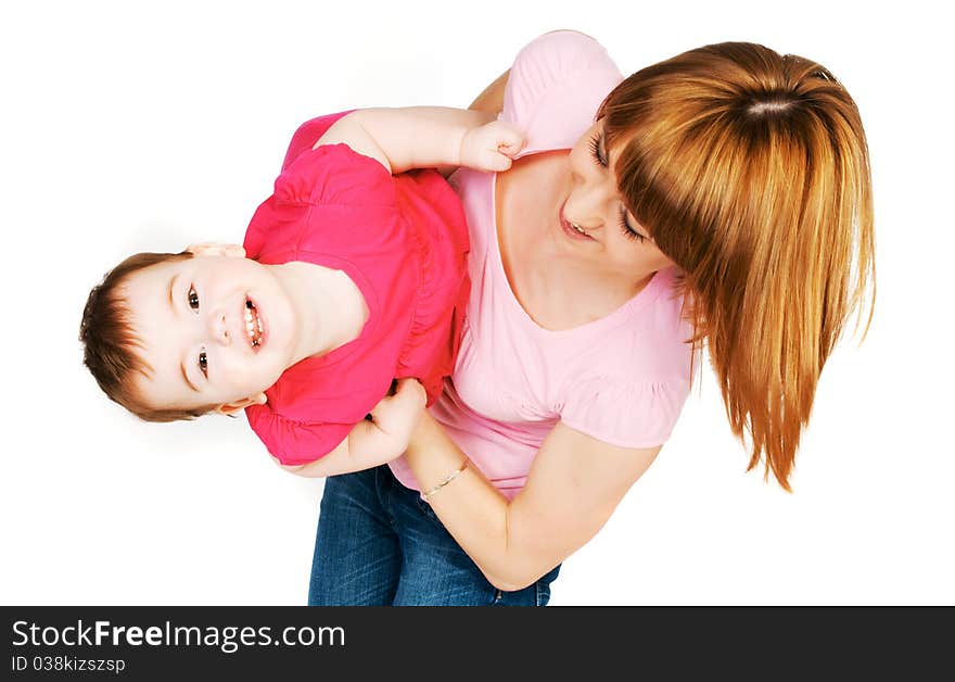 Happy mother with a baby on a white background