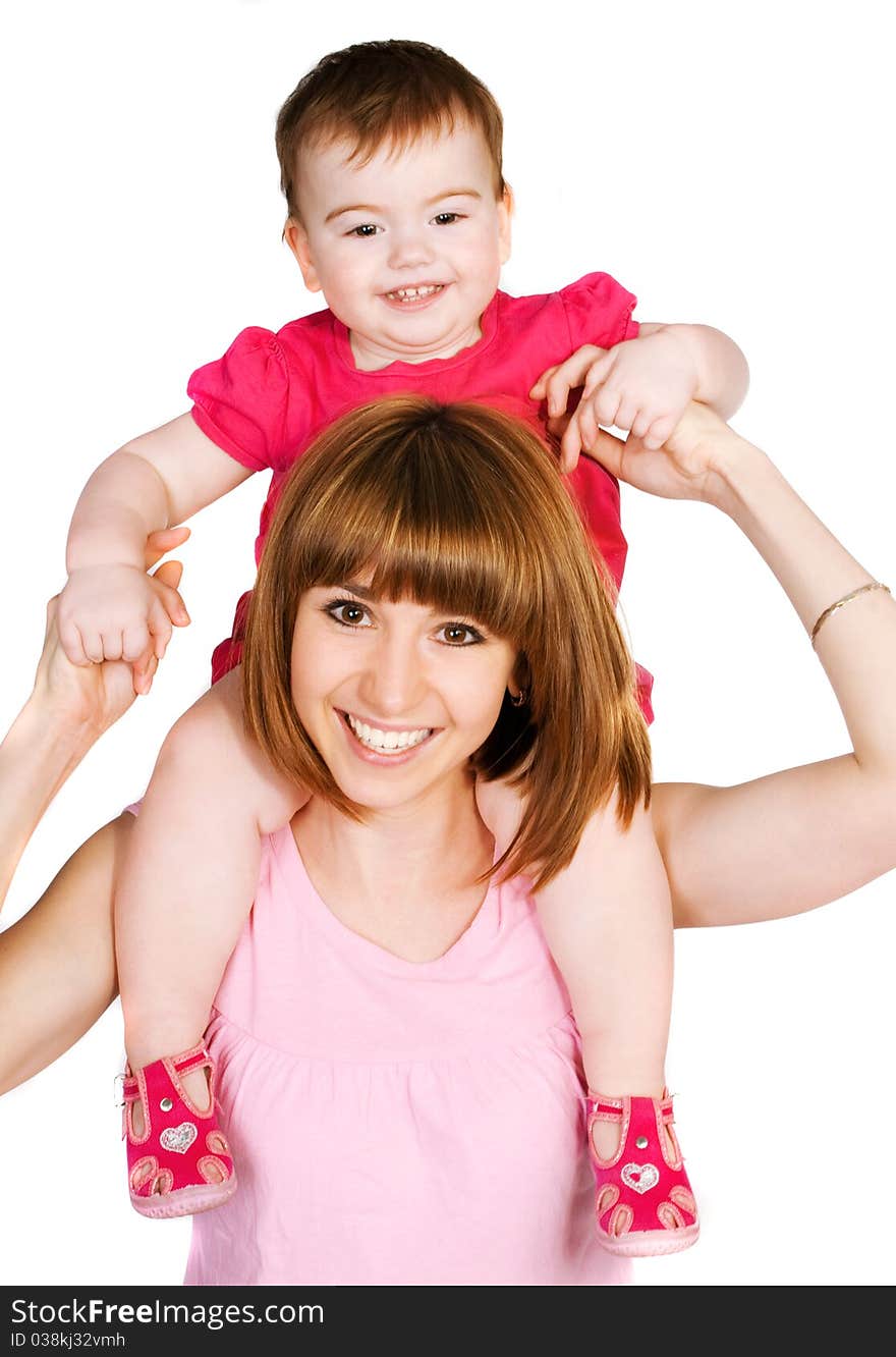 Happy mother with a baby on a white background