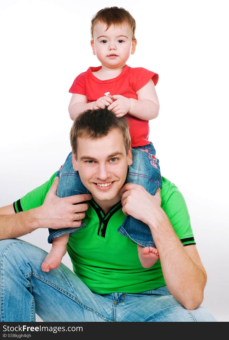 Father with baby on a white background