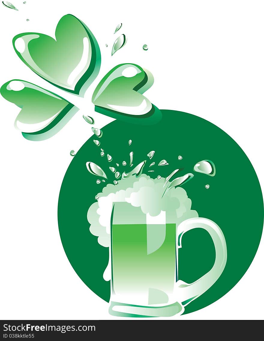 Vector illustration of a glass of green beer spraying with clover form spatter. Vector illustration of a glass of green beer spraying with clover form spatter