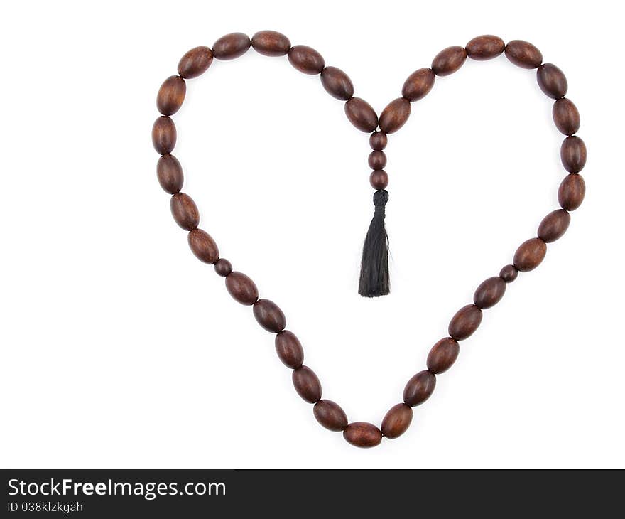 Cherrywood Rosary in Form of a Heart on a White Background