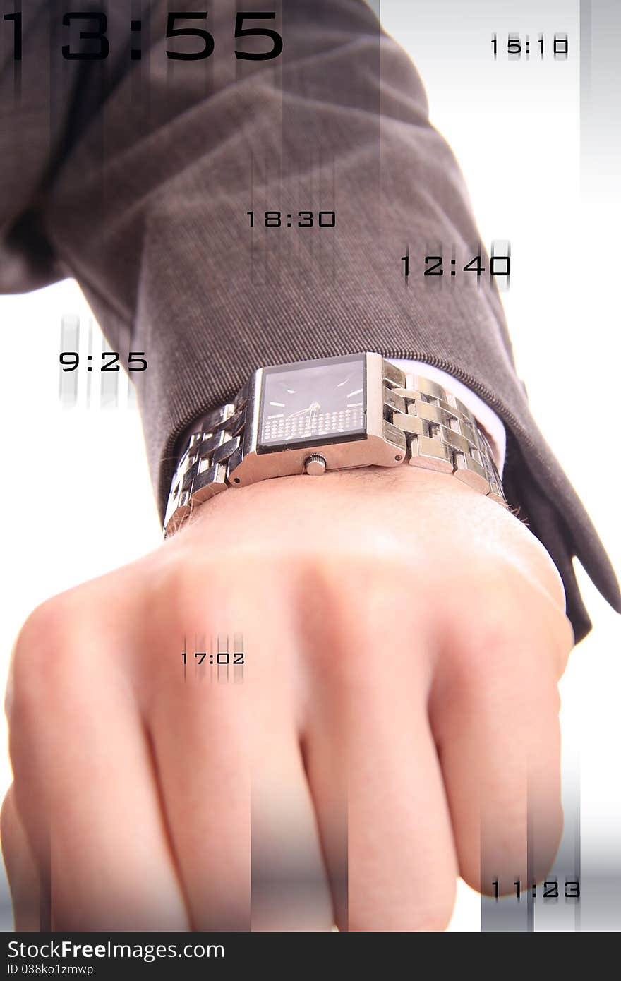 Man looking at his watch with numbers flowing around the image. Man looking at his watch with numbers flowing around the image.