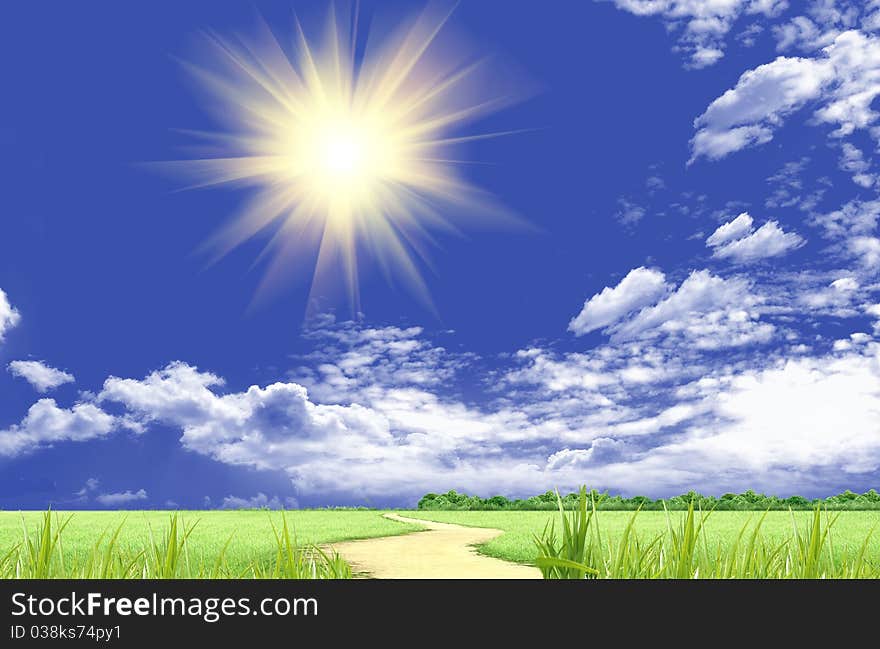 The sun in clouds in the blue sky and a green glade