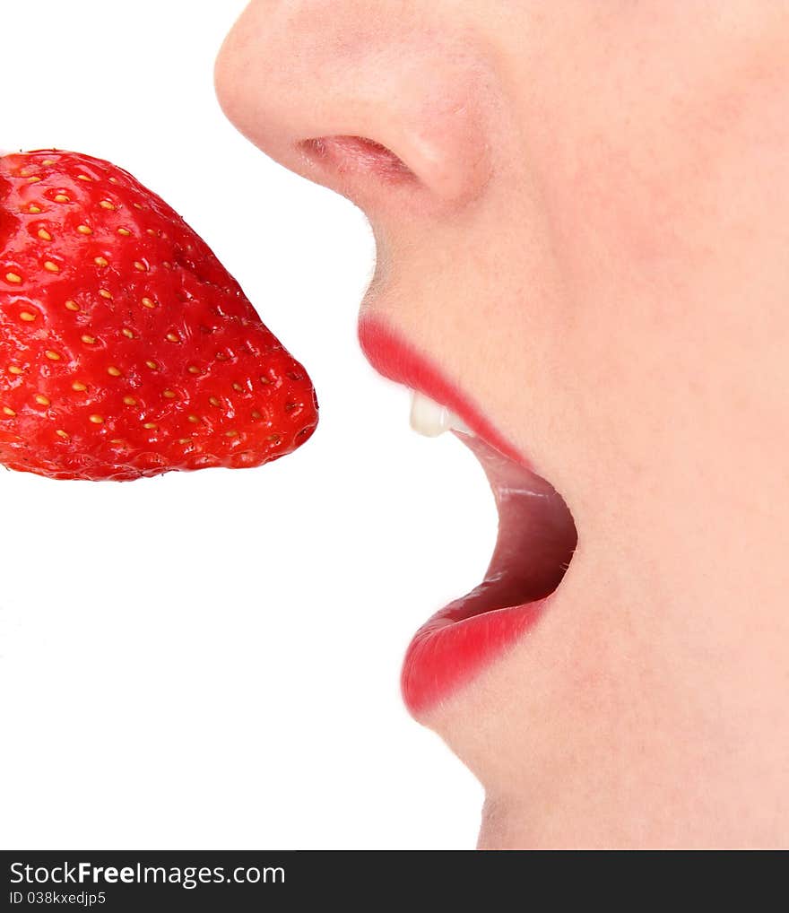 Studio photo of woman lips wanting to eat strawberry. Studio photo of woman lips wanting to eat strawberry