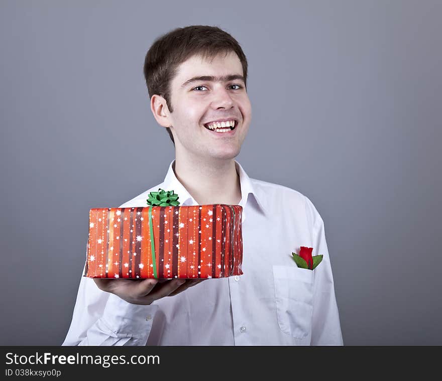 Funny men with gift.