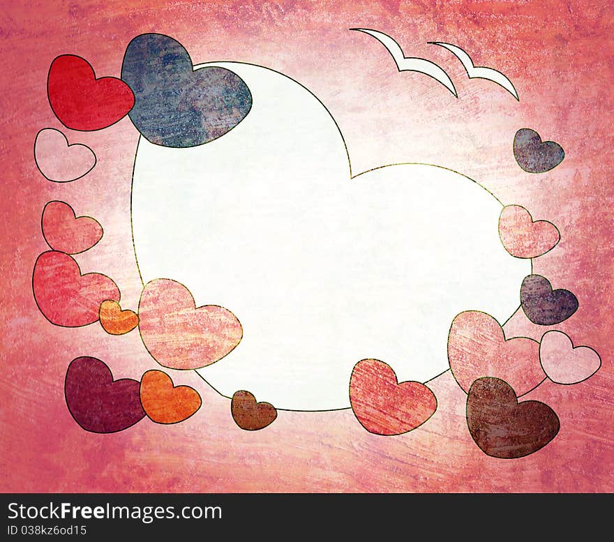 Grunge Pink Valentine background with two white birds