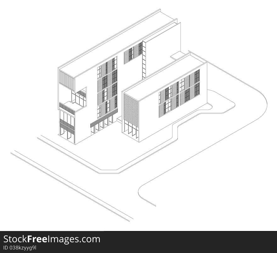 An isometric drawing of a modern youth hostel design. An isometric drawing of a modern youth hostel design