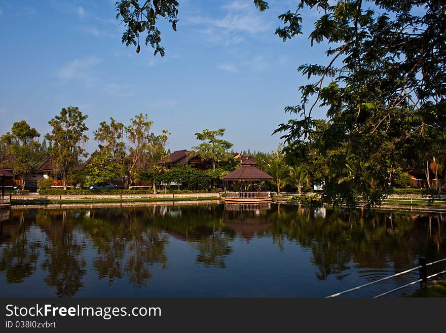 Pavilion on lake at bluesky. Pavilion on lake at bluesky