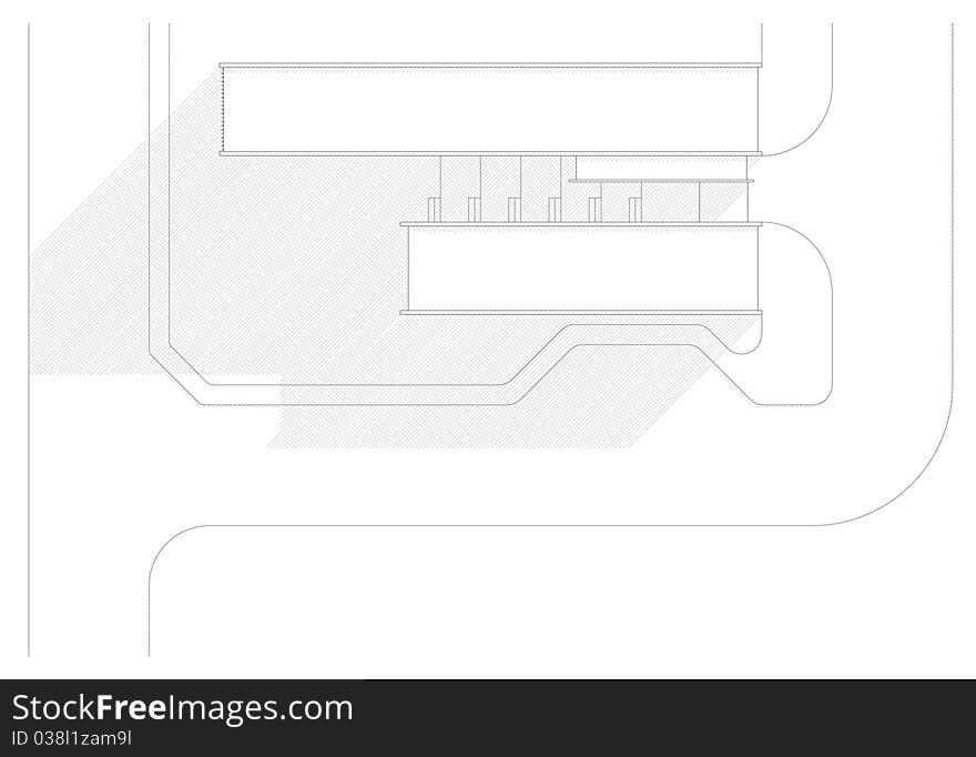 Top view of a youth hostel architectural design showing the two blocks building with the garden between. Top view of a youth hostel architectural design showing the two blocks building with the garden between