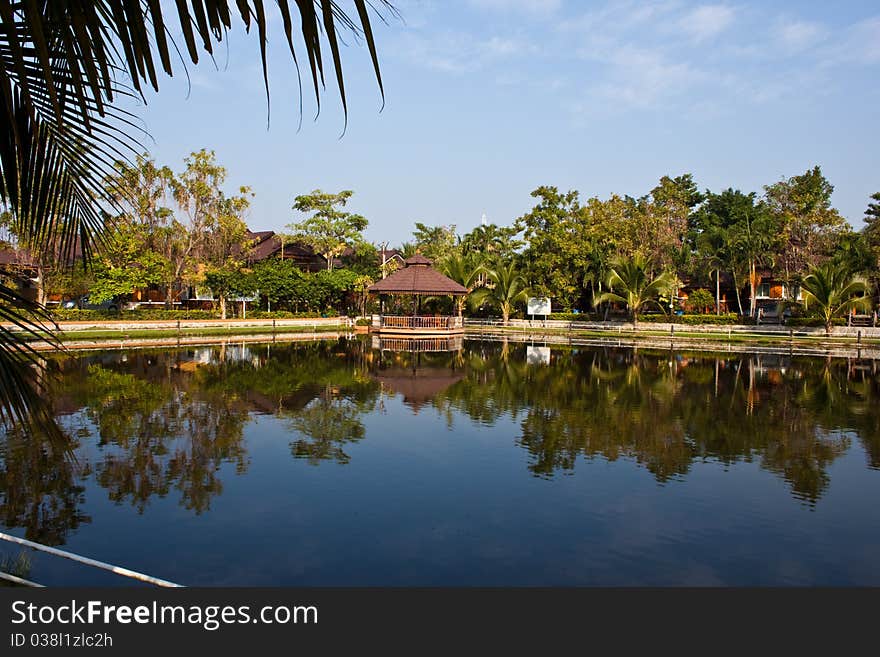 Pavilion on lake at bluesky. Pavilion on lake at bluesky