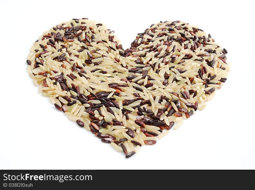 Heart mixed indica rice on white background