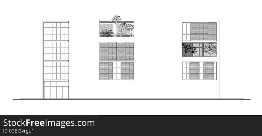 An elevation showing the facade of a simple architectural design that include plants in the second and third floors. An elevation showing the facade of a simple architectural design that include plants in the second and third floors