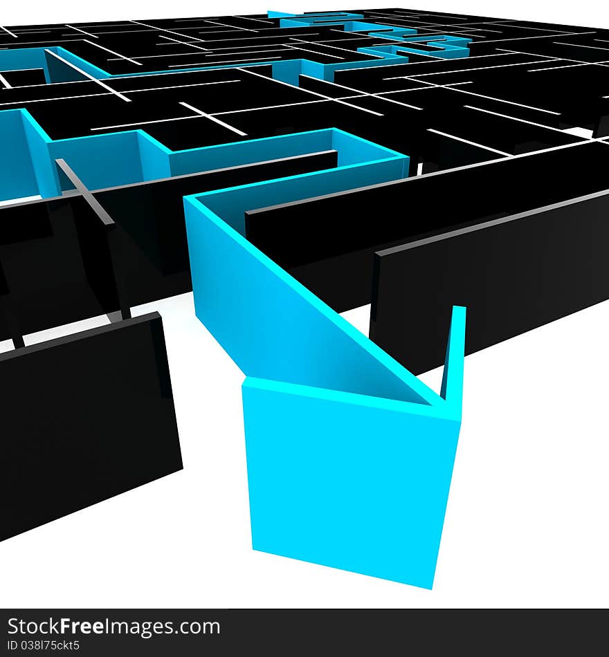 A labyrinth of transparent blocks through which the blue arrow. 3d computer modeling