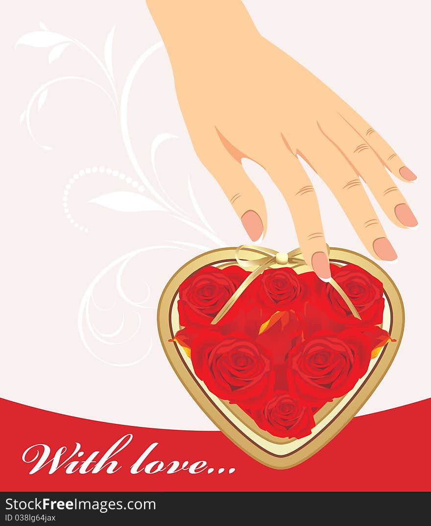 Female hand and heart with red roses